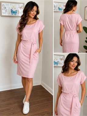 Miselon Pink Belted Midi Dress NWT Size XL Soft Casual
